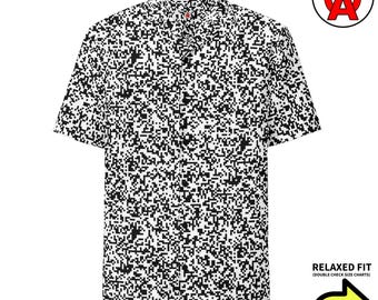 QR Code Hawaiian Shirt Button Down, Barcode Aloha Shirt, Data Matrix Camp Shirt, Digital Scan Button Up, Pixel Pattern Beach Top