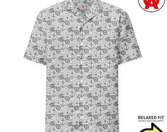 Nautisches Ozean-Seeboot-Anker-Kompassmuster Hawaii-Hemd, Unisex-Kurzarm-All-Over-Relaxed-Fit-Button-Down-Aloha-Hemd