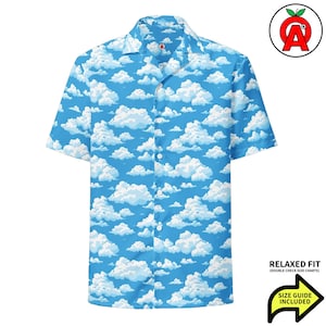 Blue Sky Cloud Pattern, Adult Unisex All-Over Relaxed Fit Button Up Hawaiian Shirt, Moisture Wicking UPF50+ Material, Dreamy Gift