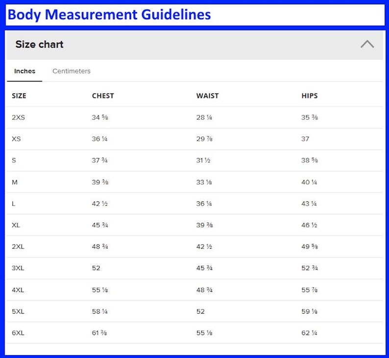 Op de afbeelding: Een maattabel met lichaamsmeetrichtlijnen. De tabel bevat metingen in inches voor borst, taille en heupen, vari&euml;rend van 2XS tot 6XL. De tekst "Body Measurement Guidelines" staat bovenaan.