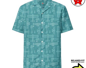 Camisa hawaiana de biplano, camisa vintage unisex de manga corta para adultos, camisa abotonada de corte relajado con estampado de avión, camisa de piloto de corte relajado Aloha