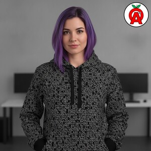 A woman in her 20s with purple-dyed hair in a tech startup office showing off Matrix Code Hoodie, Binary Code AOP Hoodie, Cyberpunk Unisex Top, Programming Graphic Pullover, Hacker Soft Sweater