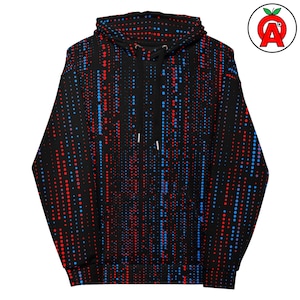 Peut inclure: Sweat à capuche noir avec un motif de points rouges et bleus. Les points sont disposés en lignes verticales, créant un effet numérique. Le sweat à capuche a une capuche à cordon et une poche kangourou.