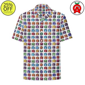 Kleurrijk Hawaïaans shirt met kofferpatroon voor reizigers en vliegtuigpersoneel – lichtgewicht overhemd met knoopsluiting en UPF50-bescherming