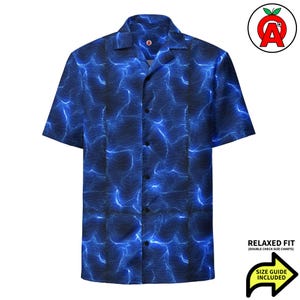 Blue Electric Lightning Storm, Adult Unisex All-Over Relaxed Fit Button Up Shirt, Weather Enthusiast Gift, Storm Chaser Apparel