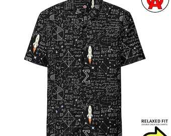 Physics Math Equations, Adult Unisex All-Over Relaxed Fit Button Up Hawaiian Shirt, Moisture Wicking UPF50+ Material, Science Gift