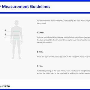 Puede incluir: Gr&aacute;fico azul y blanco con el texto "Body Measurement Guidelines". Incluye un diagrama de una persona con puntos de medici&oacute;n etiquetados para el pecho, la cintura y las caderas, con instrucciones.