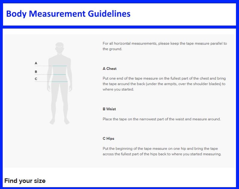 Puede incluir: Gr&aacute;fico azul y blanco con el texto "Body Measurement Guidelines". Incluye un diagrama de una persona con puntos de medici&oacute;n etiquetados para el pecho, la cintura y las caderas, con instrucciones.