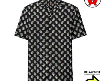 Camisa hawaiana unisex para adulto con estampado de consola de videojuegos portátil retro, corte relajado y botones, confeccionada en poliéster reciclado.