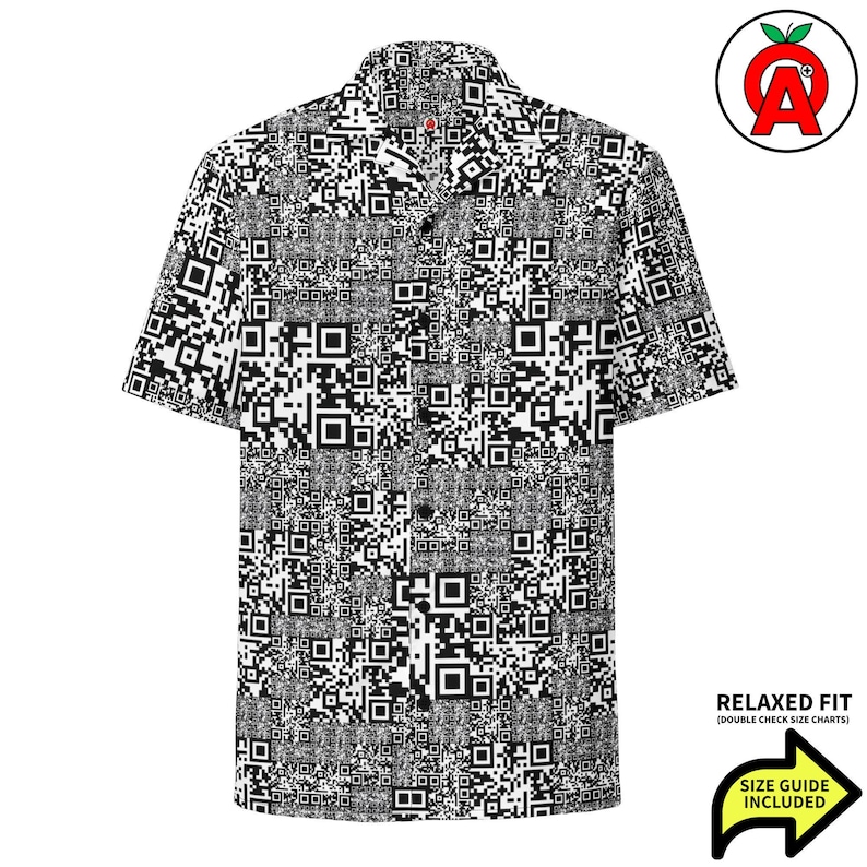 QR Code Barcode Data Matrix Pattern, Adult Unisex All-Over Relaxed Fit Button Up Hawaiian Shirt, Moisture Wicking UPF50+ Material, For Gift