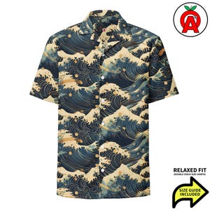 Great Wave Ukiyo-e Aloha Shirt, Kanagawa Pattern Button Down, Japanese Art Camp Shirt, Wave Design Beach Top, Artistic Ocean Vacation Shirt