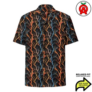 Camisa havaiana com estampa de aprendizado de máquina e redes neurais, modelo adulto unissex de manga curta, modelagem relaxada e fechamento frontal com botões.
