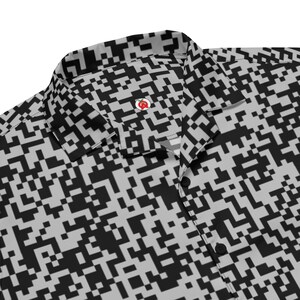 QR Code Barcode Data Matrix Code Pattern, Adult Unisex All-Over Relaxed Fit Button Up Hawaiian Shirt, Moisture Wicking UPF50+ Material, Tech