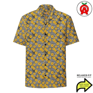 Hawajska koszula z uśmiechniętymi buźkami, koszula z emotikonami Aloha, koszula z guzikami z emotikonami, koszula retro psychodeliczna, plażowy top w stylu Y2K