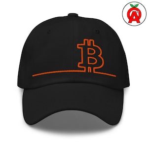 May include: Black baseball cap featuring an orange embroidered Bitcoin symbol and a horizontal line. The cap has a curved brim and a structured fit. The Bitcoin logo is a stylized 'B' with vertical lines. The cap is a stylish accessory for cryptocurrency enthusiasts.