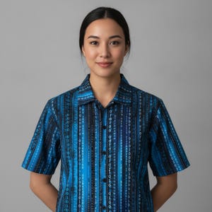 A woman in her 20s software developer showing off Programming Hawaiian Shirt, Binary Aloha Shirt, Matrix Button Down, Code Beach Top, Hacker Vacation Shirt