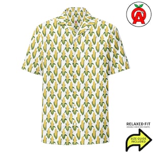 Hawaiiaans shirt met maïskolfpatroon, Aloha-shirt voor boeren, overhemd met knoopsluiting voor op de camping, top voor in de tuin of op het strand, shirt voor de oogstvakantie.