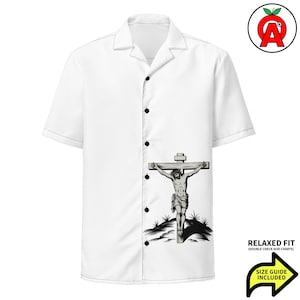 Jesus Hawaiian Shirt, Cross Short Sleeve Button Down, Christian Relaxed Fit Shirt, Worship Button Up, Quick Dry, UPF50+