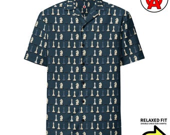 Hawaiiaans schaakshirt, stukken ingedrukt, strategieknop omhoog, schaakmat korte mouw, bord uniseks, grootmeester relaxte pasvorm, sneldrogend