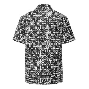 QR Code Barcode Data Matrix Pattern, Adult Unisex All-Over Relaxed Fit Button Up Hawaiian Shirt, Moisture Wicking UPF50+ Material Tech Gift