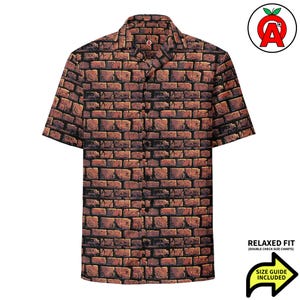 Patrón de constructor y contratista de ladrillos orgulloso, camisa hawaiana unisex para adultos, corte relajado, con botones, poliéster reciclado, transpirable.