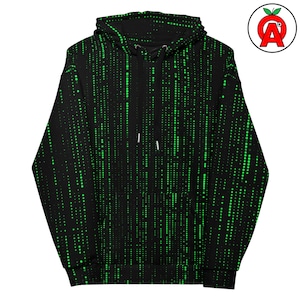 Peut inclure: Sweat à capuche noir avec un motif de matrice de points verts. Le sweat-shirt à capuche est doté d'un cordon de serrage et d'une poche kangourou. Le design rappelle la pluie numérique, créant un look unique et accrocheur. Ce sweat à capuche unisexe est parfait pour les tenues décontractées.