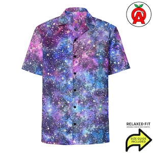 May include: A short-sleeved shirt with a galaxy print in purple, blue, and pink. The shirt has a relaxed fit and a size guide is included. The shirt has a collar and black buttons.
