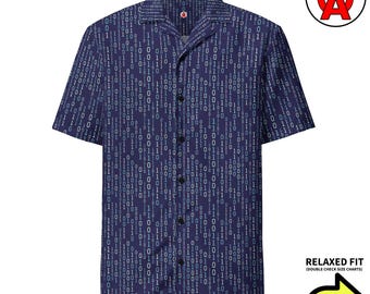 Camisa hawaiana unisex para adultos, de corte holgado y abotonada, con patrón de computación digital de matriz binaria, poliéster reciclado.