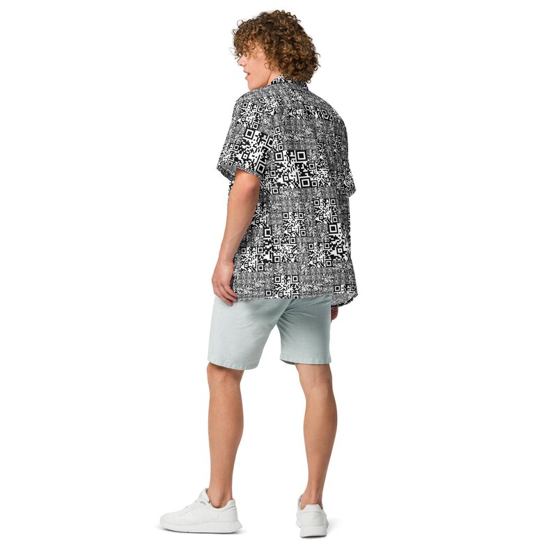 QR Code Barcode Data Matrix Pattern, Adult Unisex All-Over Relaxed Fit Button Up Hawaiian Shirt, Moisture Wicking UPF50+ Material, For Gift