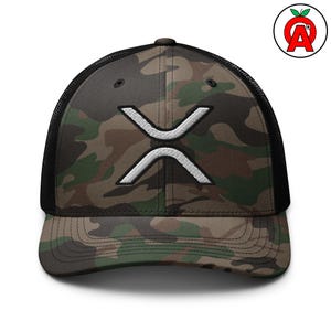 May include: Camouflage pattern trucker hat with a black mesh back and a curved peak. The front of the hat features a white embroidered XRP symbol. A fashionable accessory for outdoor activities or casual wear.