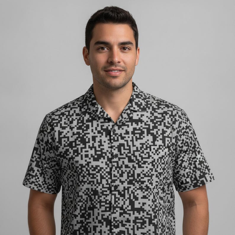 A latino man in his 20s who codes showing off Digital Binary Hawaiian Shirt Button Down, QR Code Aloha Shirt, Barcode Pattern Button Up, Tech Matrix Beach Top, Programmer Resort Wear