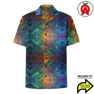 Koszula hawajska z obwodem drukowanym, koszula z guzikami w stylu Tech Art, koszula Aloha Engineer, koszula obozowa w neonowe wzory geometryczne, koszula z guzikami w stylu psychodelicznym