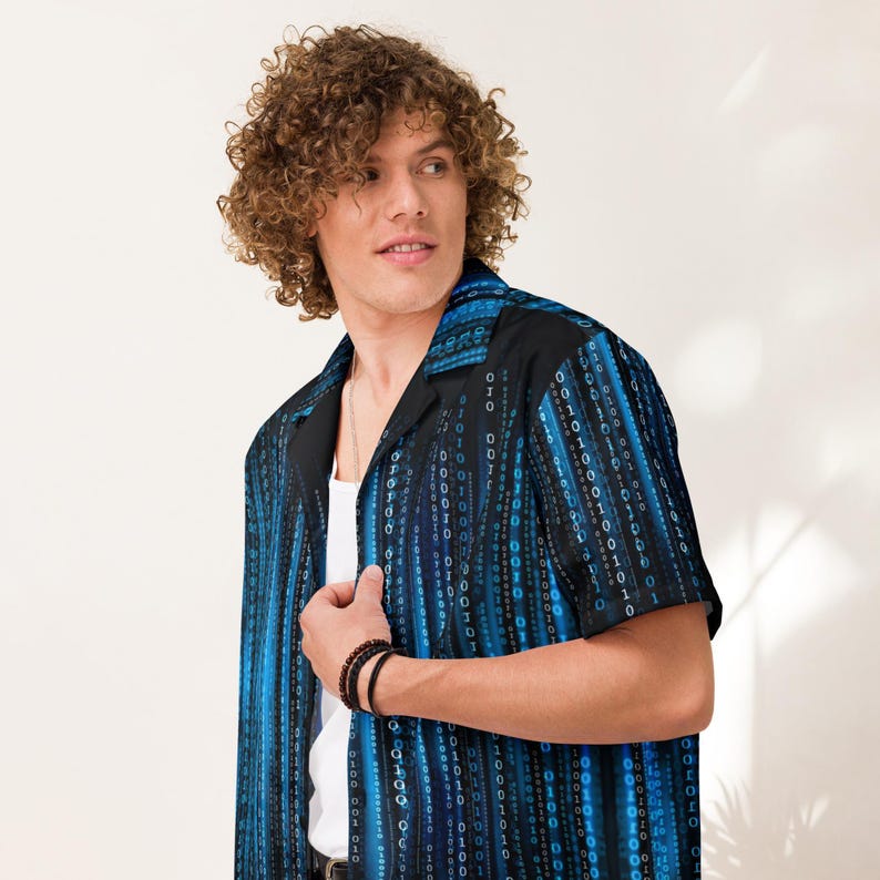 Matrix Code Binary Programming, Adult Unisex All-Over Relaxed Fit Button Up Hawaiian Shirt, Moisture Wicking UPF50+ Material, Developer Gift