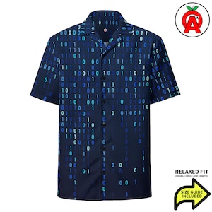 Matrix Binary Code Pattern, Adult Unisex All-Over Relaxed Fit Button Up Hawaiian Shirt, Moisture Wicking UPF50+ Material, Coders Hackers Gee
