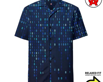 Matrix binaire codepatroon, volwassen uniseks all-over ontspannen pasvorm Hawaiiaans shirt met knopen, vochtafvoerend materiaal UPF50+, coders Hackers Gee