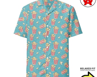 Buttered Cinema Aloha Shirt, Movie Night Beach Top, Popcorn Pattern Button Down, Retro Cinema Camp Shirt, Film Buff Vacation Shirt