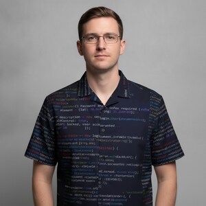 Software developer with glasses showing off Coding Hawaiian Shirt, Developer Button Down, JavaScript Aloha Shirt, Hacker Button Up, Programming Beach Top, Cyber Security Camp Shirt