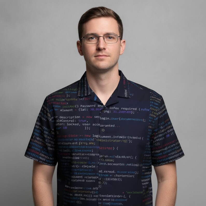 Software developer with glasses showing off Coding Hawaiian Shirt, Developer Button Down, JavaScript Aloha Shirt, Hacker Button Up, Programming Beach Top, Cyber Security Camp Shirt