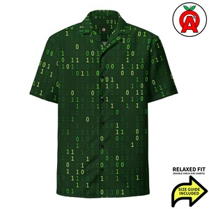 Binary 1s And 0s Matrix Pattern, Adult Unisex All-Over Relaxed Fit Button Up Hawaiian Shirt, Moisture Wicking UPF50+ Material, Tech Pros