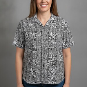 A woman in her 30s working in software development showing off QR Code Hawaiian Shirt, Barcode Button Down, Matrix Aloha Shirt, Data Camp Shirt, Tech Button Up, Scanner Beach Top