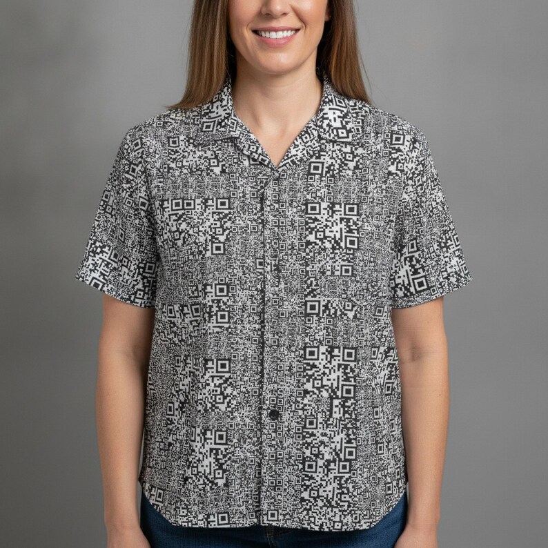 A woman in her 30s working in software development showing off QR Code Hawaiian Shirt, Barcode Button Down, Matrix Aloha Shirt, Data Camp Shirt, Tech Button Up, Scanner Beach Top