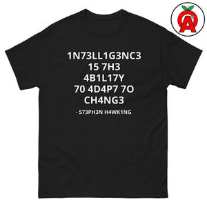 Puede incluir: Camiseta negra con texto blanco que dice "1N73LL1G3NC3 15 7H3 4B1L17Y 70 4D4P7 70 CH4NG3 - 573PH3N H4WK1NG"