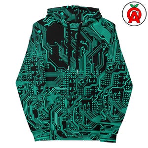 Hoodie met printplaat-AOP-design, unisex top met PCB-print, trui met elektronica-afbeelding, zachte trui met technisch patroon.