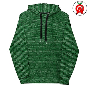 Peut inclure: Sweat à capuche vert avec un motif ressemblant à du code informatique. Le sweat à capuche a une capuche à cordon et une poche kangourou. Le motif en forme de code est blanc sur fond vert. Vêtement décontracté.