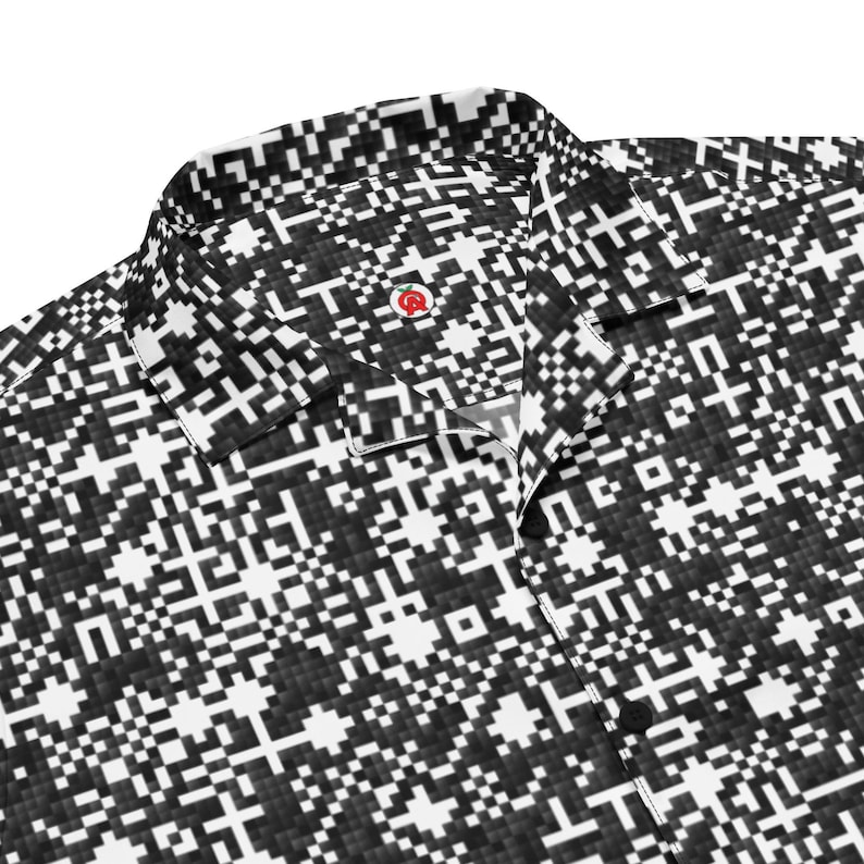 QR Code Barcode Data Matrix Pattern, Adult Unisex All-Over Relaxed Fit Button Up Hawaiian Shirt, Moisture Wicking UPF50+ Material Tech Gift