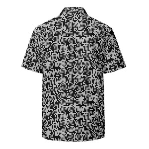 QR Code Barcode Data Matrix Pattern, Adult Unisex All-Over Relaxed Fit Button Up Hawaiian Shirt, Moisture Wicking UPF50+ Material, Tech Gift
