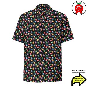 Christmas Hawaiian Shirt, Holiday Lights Aloha Shirt, Pine Tree Button Down, Festive Decorator Button Up, Colorful Bulbs Beach Top