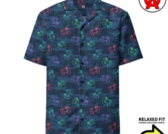 Premium Gaming Controllers Pattern, Adult Unisex All-Over Relaxed Fit Button Up Hawaiian Shirt, Recycled Polyester, Moisture Wicking, Breath