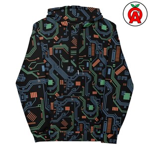 Sudadera con capucha AOP de placa de circuito impreso, top unisex PCB, jersey con estampado electrónico, suéter suave de tecnología