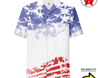 Patriotic Hawaiian Shirt Button Down, American Flag Aloha Shirt, Stars Stripes Camp Shirt, Freedom Beach Top, Veteran Resort Wear